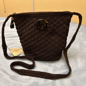 CHRISTIAN LIVINGSTON CROCHET PURSE BROWN TORTOISE PATTERN ACRYLIC ACCENTS ISLAND